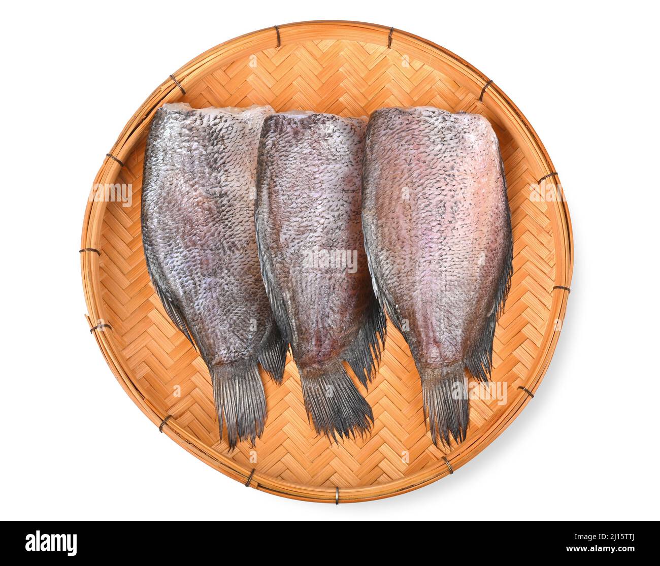 Sun dried fish, SnakeSkin Gourami Fish, Pla Salit (Trichogaster pectoralis) isolated on white background. Top view Stock Photo