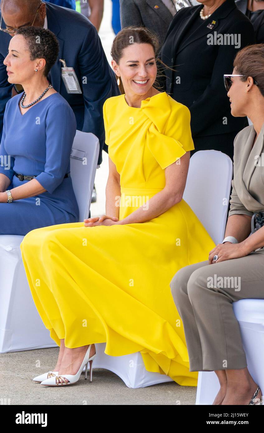 The Duchess of Cambridge at Norman Manley International Airport in Kingston, Jamaica, on day four of their tour of the Caribbean on behalf of the Queen to mark her Platinum Jubilee. Picture date: Tuesday March 22, 2022. Stock Photo