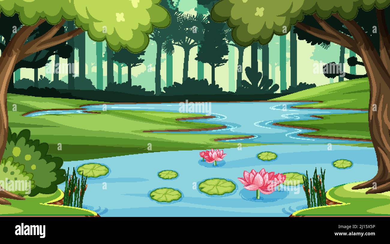 Nature scene with many trees and river illustration Stock Vector Image ...