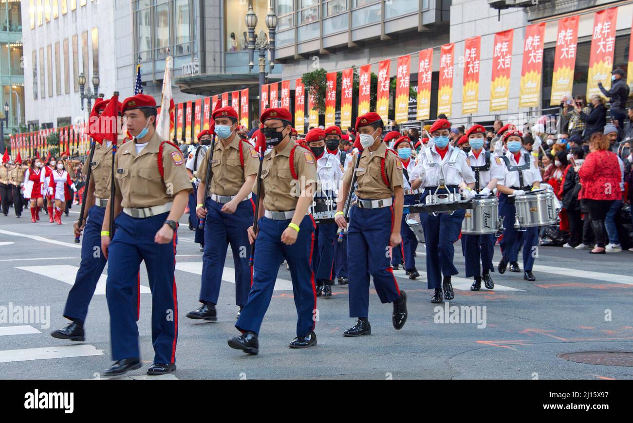 San Francisco, CA - Feb 19, 2022: Unidentified participants in the Chinese New Year Parade, one of the world's top 10 parades and the largest celebrat Stock Photo