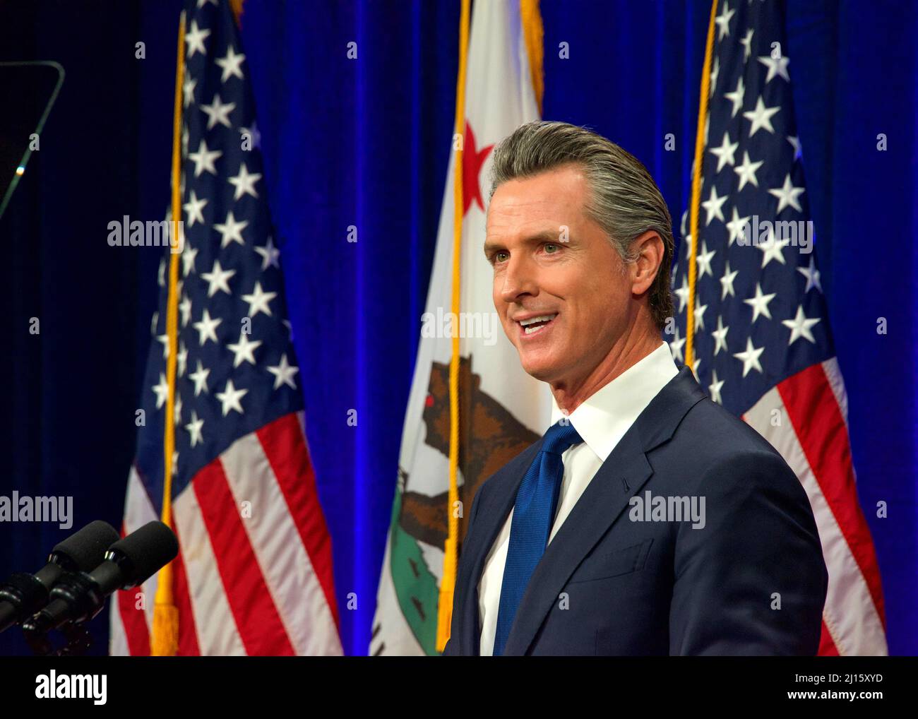 Sacramento, CA - March 8, 2022: California Governor Gavin Newsom speaking at the State of the State address in Sacramento, CA. Stock Photo