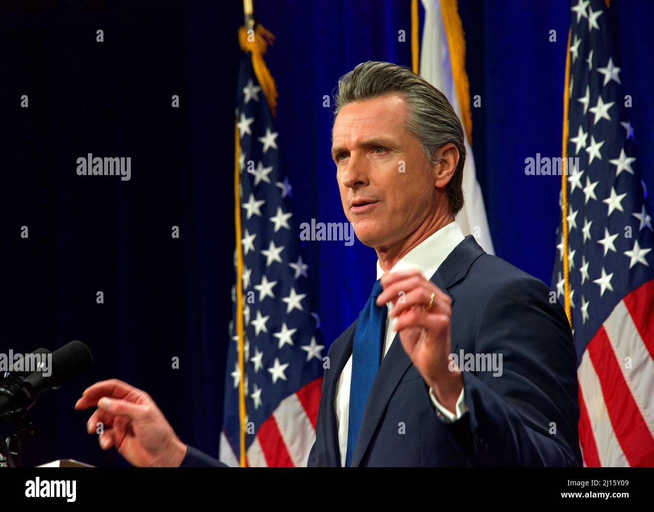 Sacramento, CA - March 8, 2022: California Governor Gavin Newsom speaking at the State of the State address in Sacramento, CA. Stock Photo