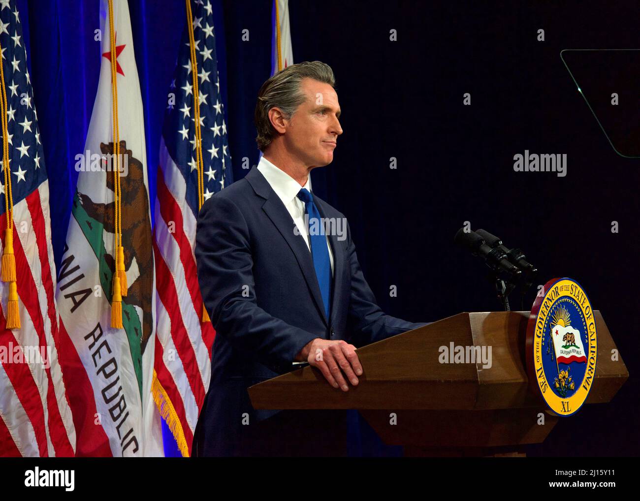 Sacramento, CA - March 8, 2022: California Governor Gavin Newsom speaking at the State of the State address in Sacramento, CA. Stock Photo