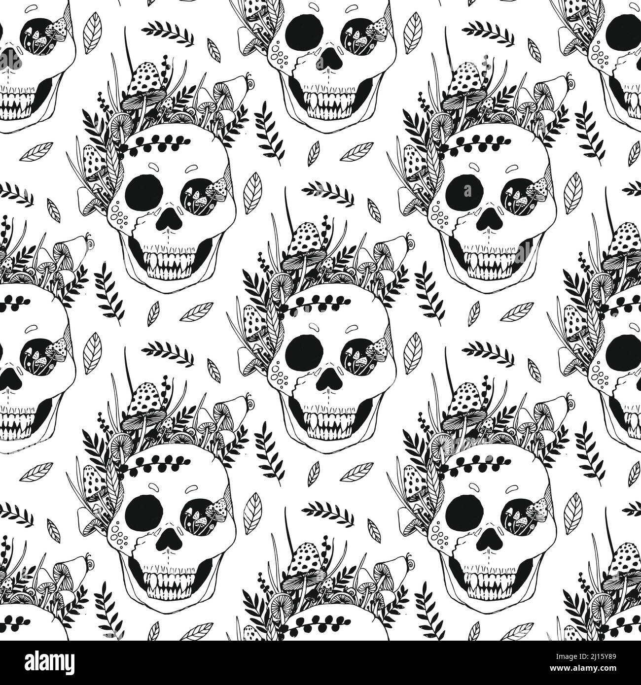 Skulls and plants with flowers vector seamless pattern. Stock Vector