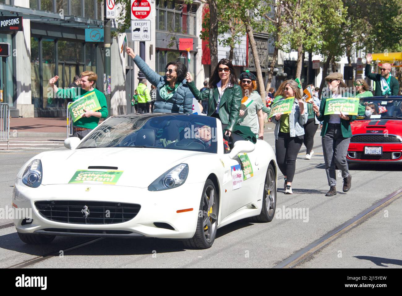 San Francisco, CA - March 12, 2022: San Francisco Supervisors Myrna Melgar and Catherine Stefani in the 2022 Saint Patrick's Day Parade, the West Coas Stock Photo