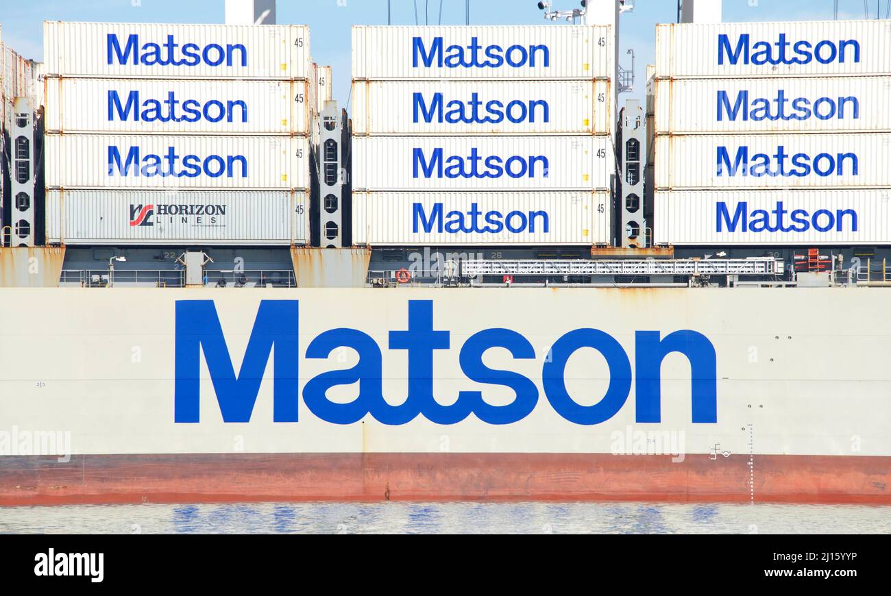Oakland, CA - March 01, 2022: Matson cargo ship LURLINE docked at the Port of Oakland Matson provides shipping services Pacific wide. Mainly to and fr Stock Photo