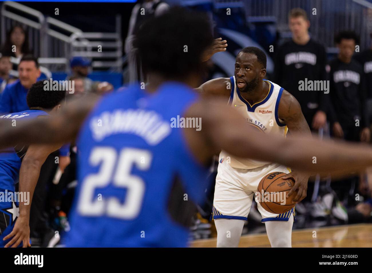 Orlando, United States. 22nd Mar, 2022. Draymond Green (23 Golden State  Warriors) instructs his team during the National Basketball Association  game between Orlando Magic and Golden State Warriors at Amway Center in