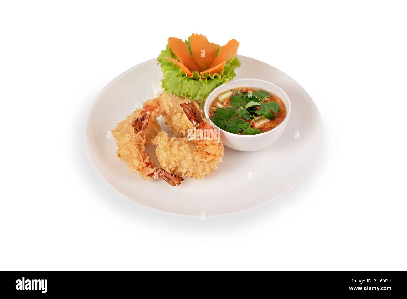 crispy fried shrimp served with fresh vegetable and delicious sauce Stock Photo