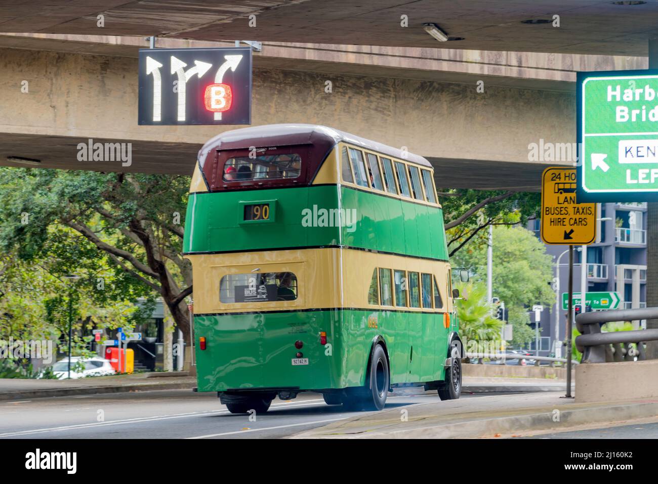 19th Mar, 2022, Sydney Australia: Vintage double-decker Sydney Buses ran free city trips all day for the 90th birthday of the Sydney Harbour Bridge Stock Photo