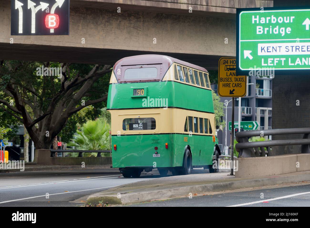 19th Mar, 2022, Sydney Australia: Vintage double-decker Sydney Buses ran free city trips all day for the 90th birthday of the Sydney Harbour Bridge Stock Photo