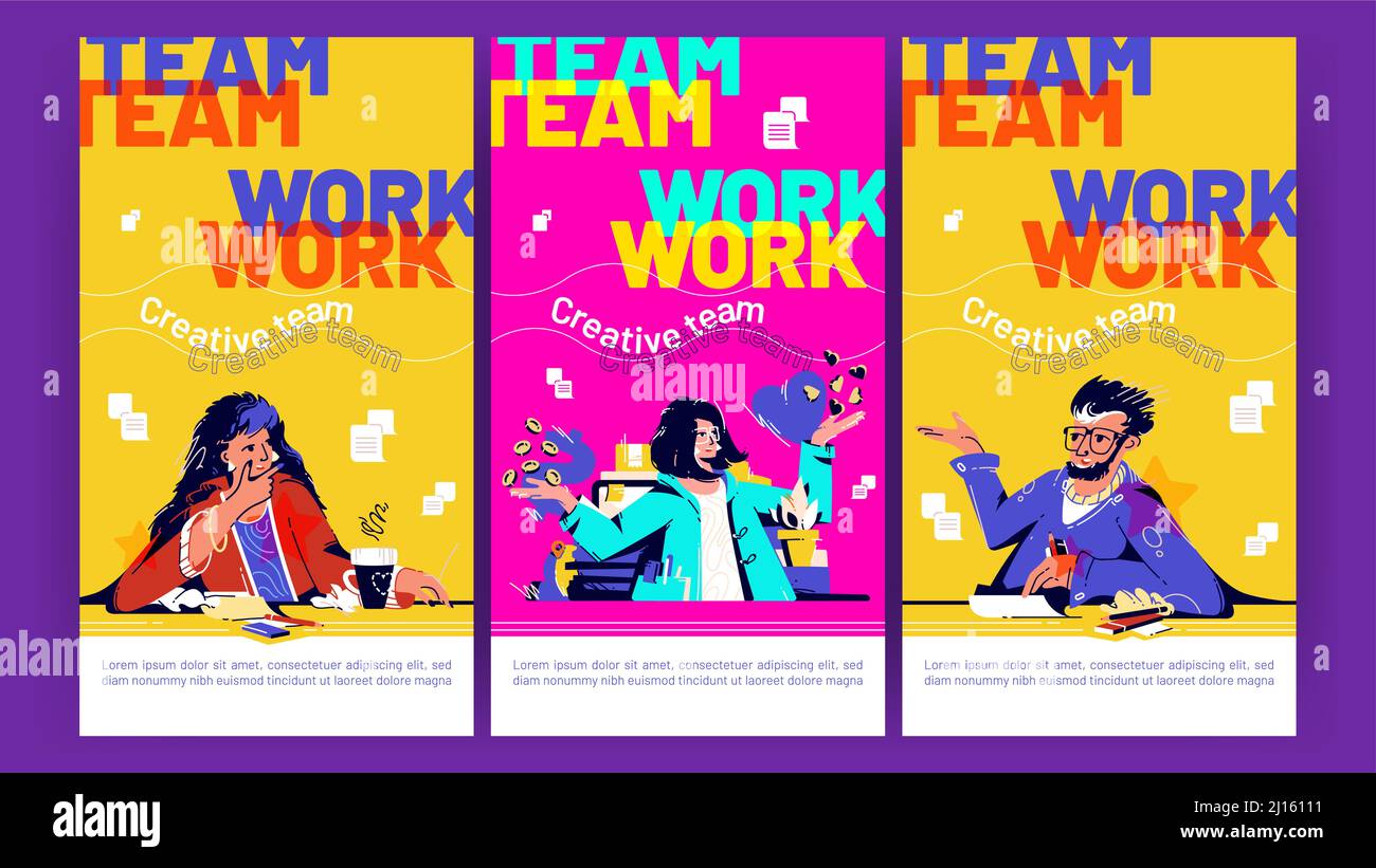 Teamwork posters with people meeting in office and talk together. Vector vertical banners of company workshop, creative team brainstorm with flat illustration of workers conversation Stock Vector