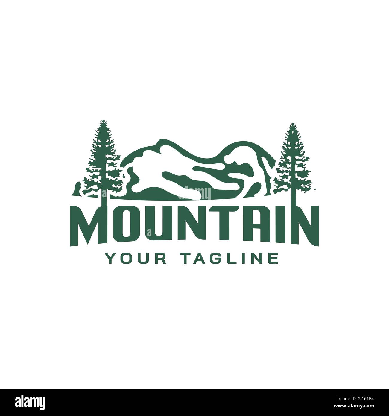 Mountain Vector Logo Template. The main symbols of the logo are two trees, this logo symbolizes nature, peace and tranquility, this logo also looks mo Stock Vector