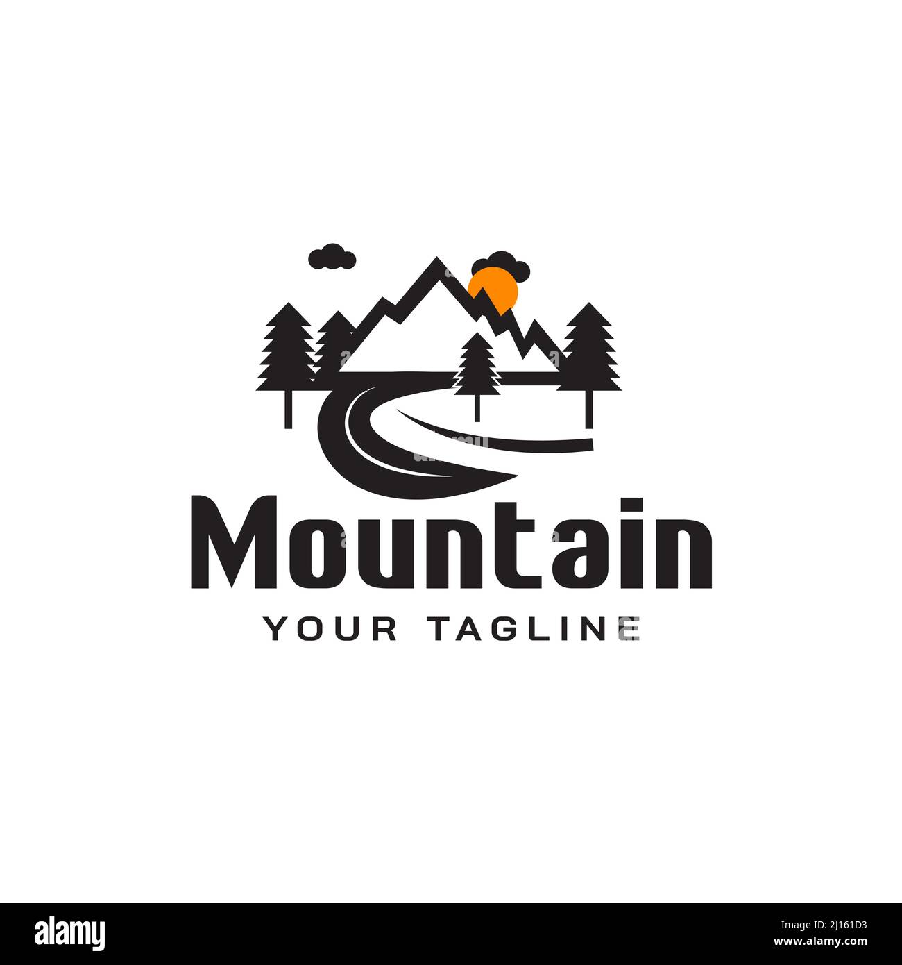 Mountain landscape design logo, trees, clouds, sun Stock Vector
