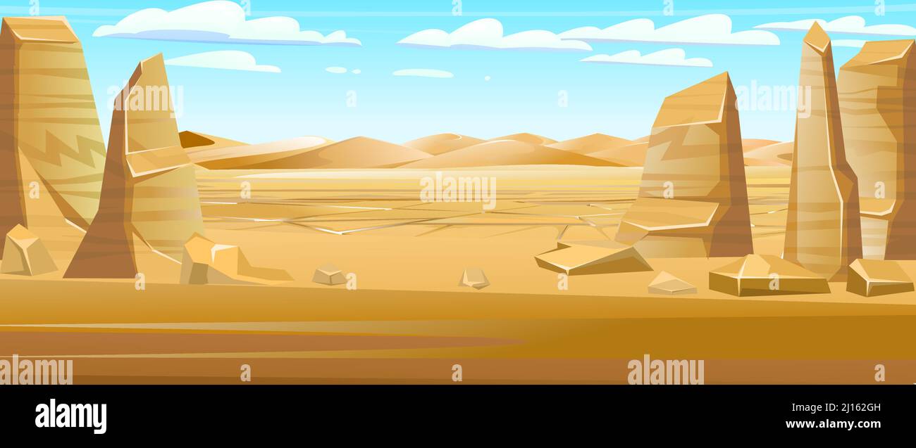Dunes of desert in distance. Stone rocks, sandstone and stones. Landscape of southern countryside. Cool cartoon style. Vector. Stock Vector
