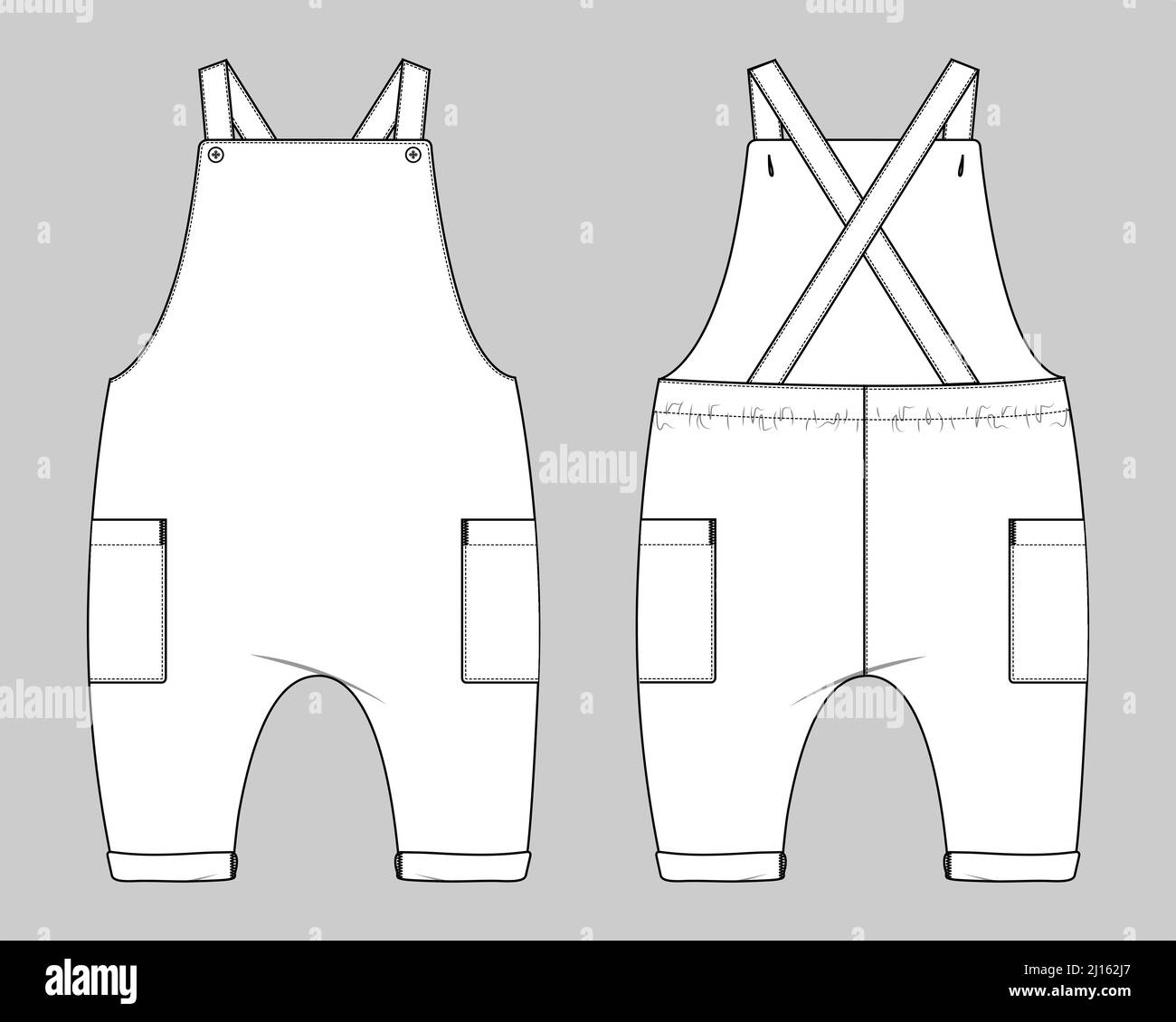 Baby girls dress design technical Flat sketch vector illustration template. Apparel  clothing Mock up front and back views Isolated on Grey Background. Kids  Fashion vector Art drawing easy editable. Stock Vector |