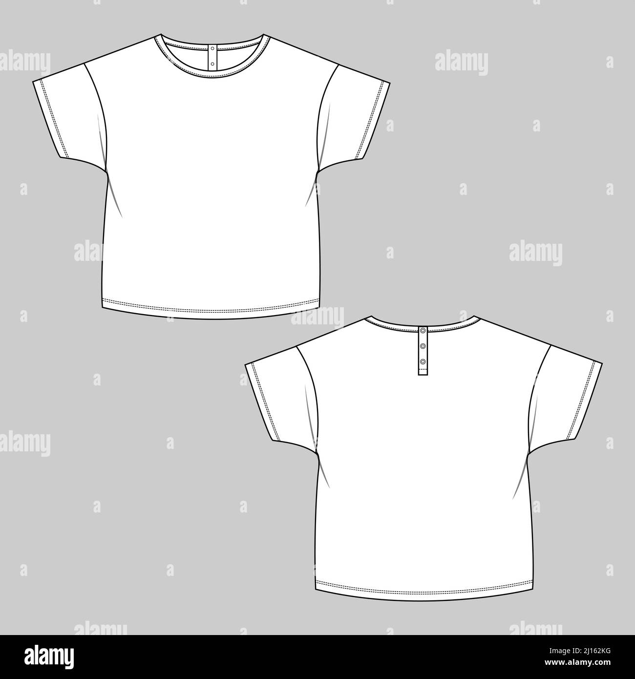 Short sleeve round neck T- shirt Technical Fashion flat Sketch vector illustration Template for kids. Apparel dress design CAD Mock up Vector Illustra Stock Vector