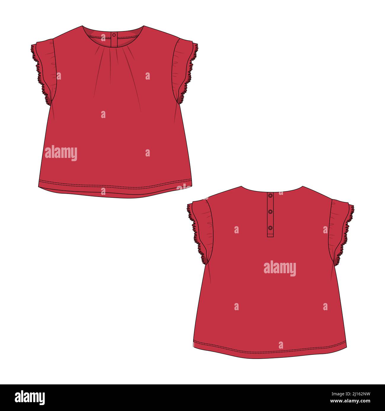 Baby girls dress design technical Flat sketch vector illustration template. Apparel clothing Mock up front and back views Isolated on White Background Stock Vector