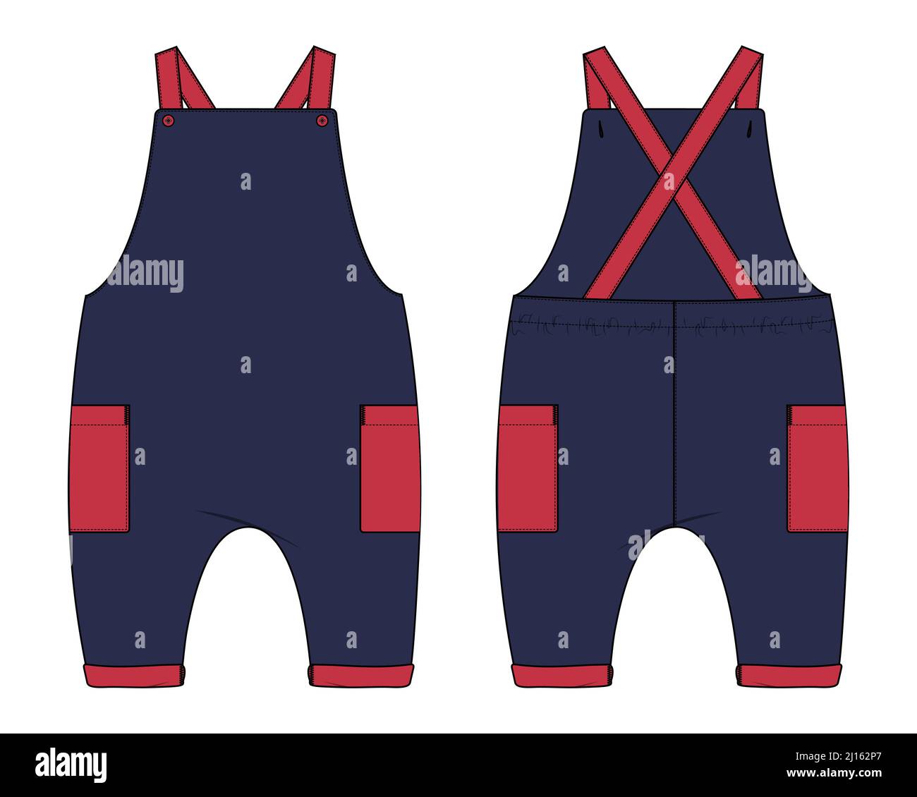 Kids Dungaree Dress design Fashion flat Sketch vector Illustration Template Front And back views. Apparel Clothing Design mock up Front And Back Views Stock Vector