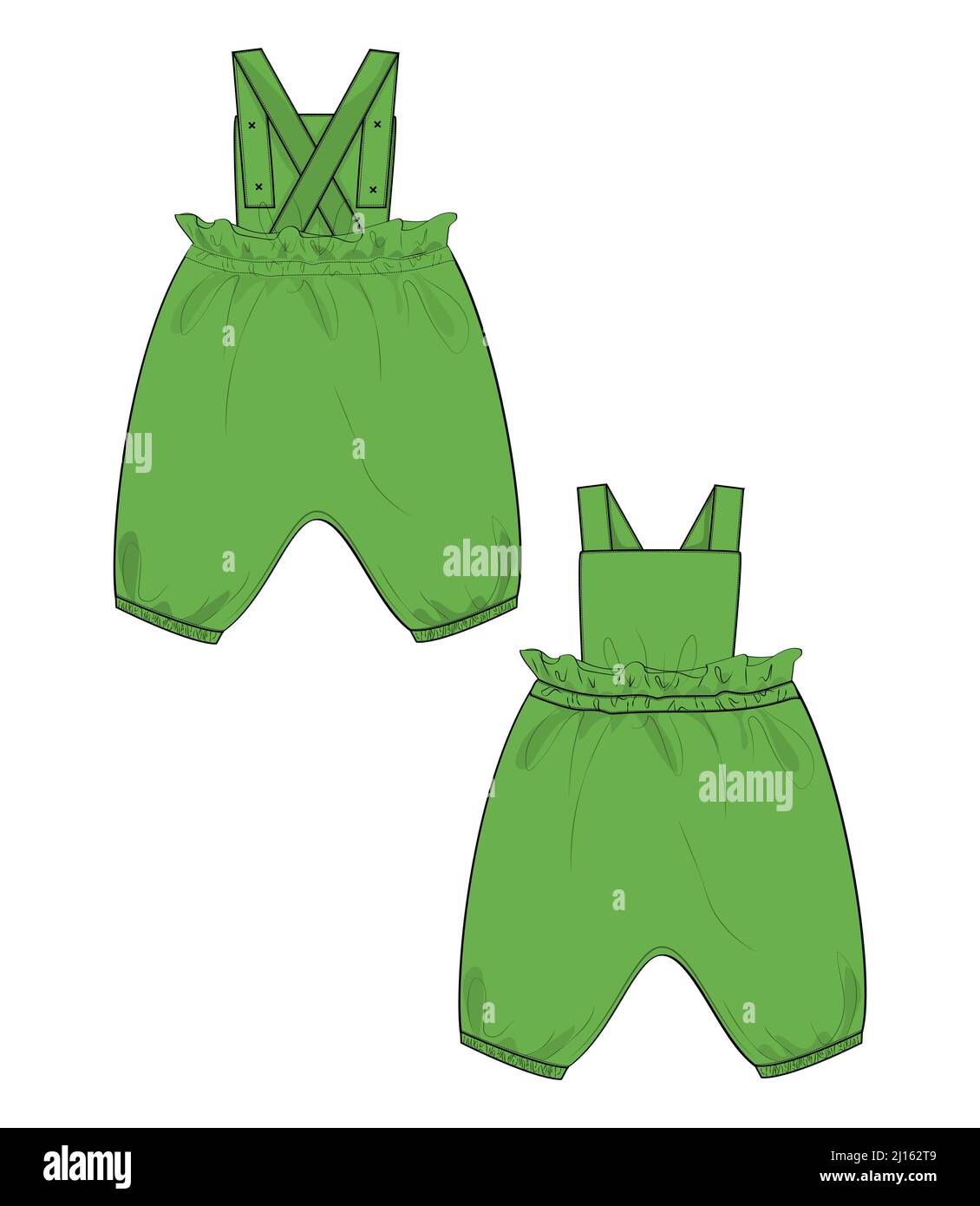 Kids Dungaree Dress Design Technical Fashion Flat Sketch Vector illustration Template Front And Back views. Apparel Drawing Green Color Mock up Baby g Stock Vector