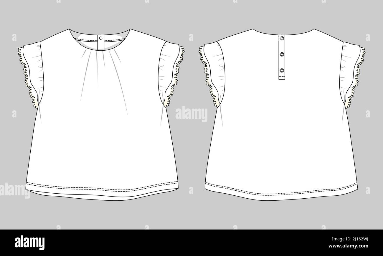 Baby girls dress design technical Flat sketch vector illustration template. Apparel clothing Mock up front and back views Isolated on Grey Background. Stock Vector