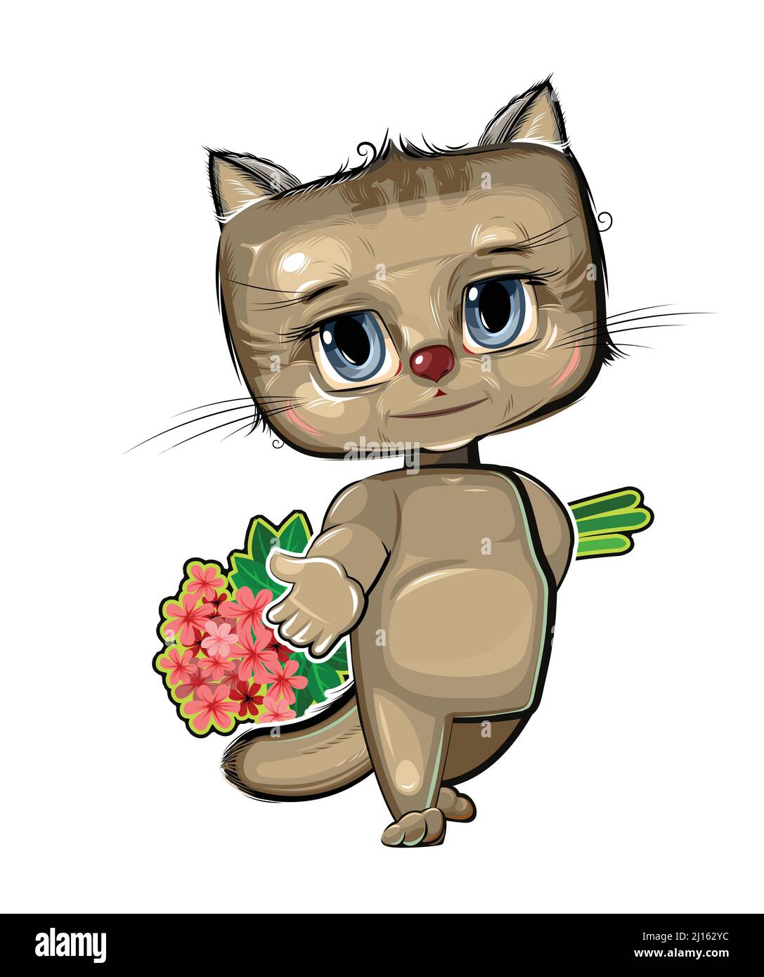 Cute kid Cat stretches out his hand suggest friendship. He wants to give a bouquet of flowers. Funny animal. Illustration for children. Isolated on wh Stock Vector