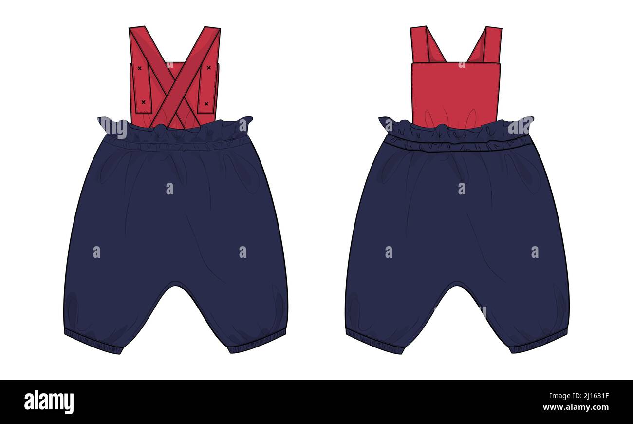 Two tone Navy, red color Kids Dungaree Dress Design Technical Fashion Flat Sketch Vector illustration Template Front And Back views. Apparel Drawing M Stock Vector