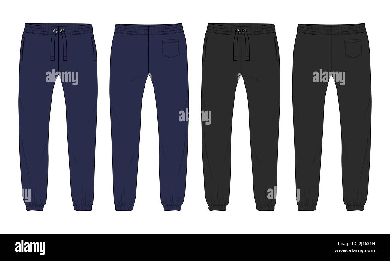 Fleece fabric Jogger Sweatpants overall technical fashion flat sketch vector illustration template front, back and side views isolated on white backgr Stock Vector