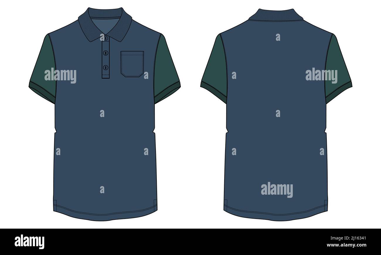 Two tone Navy, and Green color Short sleeve Basic Polo shirt With pocket technical fashion flat sketch vector Illustration Mock up template front and Stock Vector
