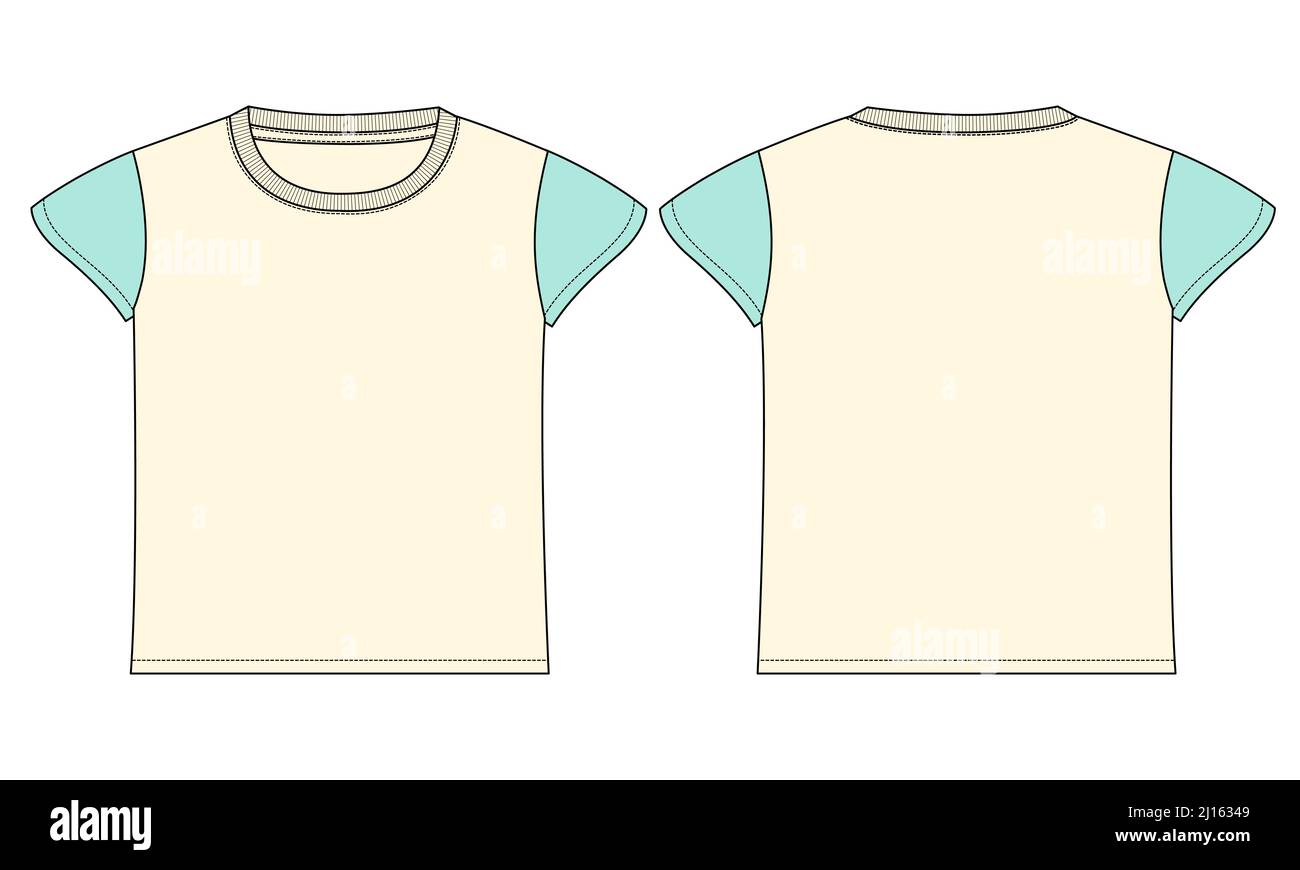 Short sleeve Basic T-shirt technical fashion flat sketch vector Illustration template front and back views. Basic apparel Design Mock up for Kids, boy Stock Vector