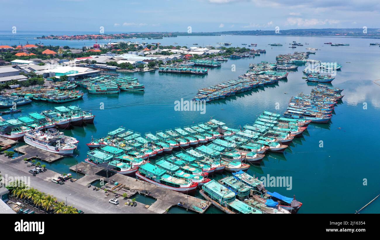 Aerial view of the marina with moored boats, ships, yachts, and ...