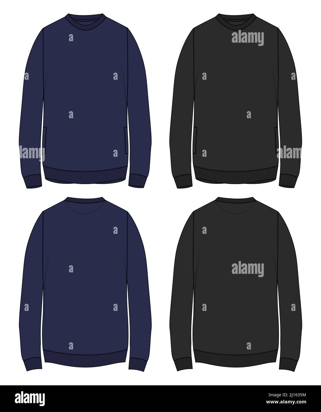 Slim fit Round neck Long sleeve Sweatshirt technical fashion Flats Sketches drawing vector template For men's. Apparel design black, Navy Color mock u Stock Vector