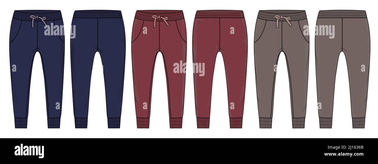 Fleece fabric Jogger Sweatpants overall technical fashion flat sketch vector illustration template front, back and side views isolated on white backgr Stock Vector