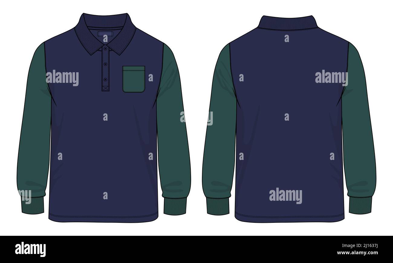 Long sleeve Polo shirt with pocket technical fashion flat sketch vector ...
