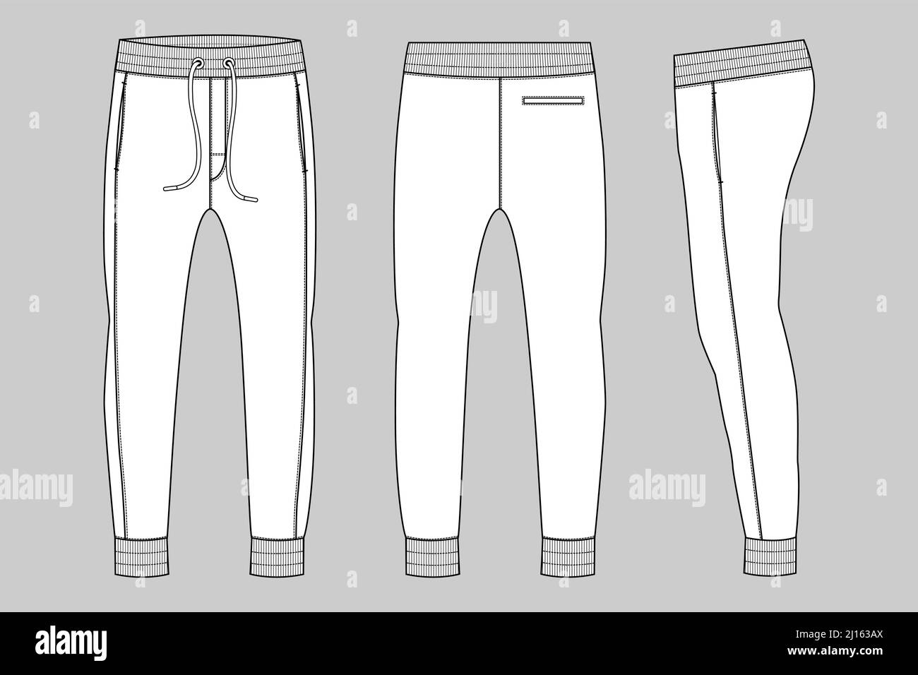 Fleece fabric Jogger Sweatpants overall technical fashion flat sketch vector illustration template front, back and side views isolated on white backgr Stock Vector