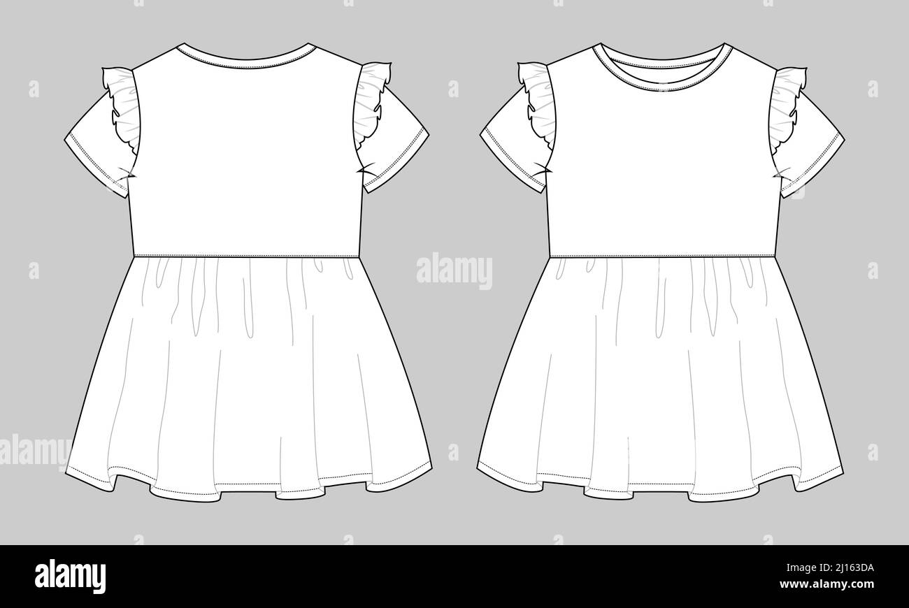 Baby girls dress design technical Flat sketch vector illustration template. Apparel clothing Mock up front and back views Isolated on Grey Background. Stock Vector