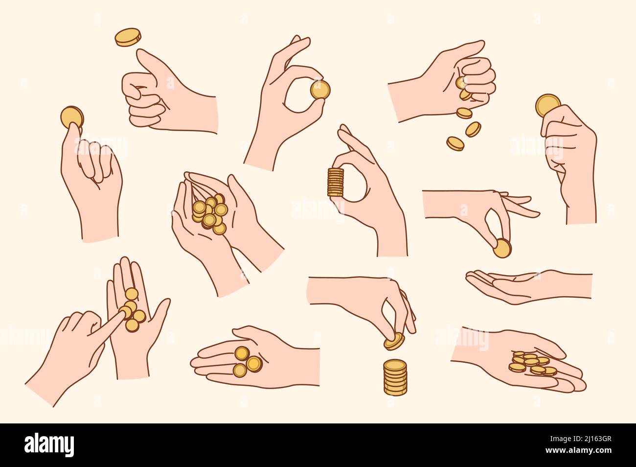 Set of person hand with golden coins counting and playing with. Collection of people with money in arms. Finance and banking. Saving concept. Flat vector illustration.  Stock Vector