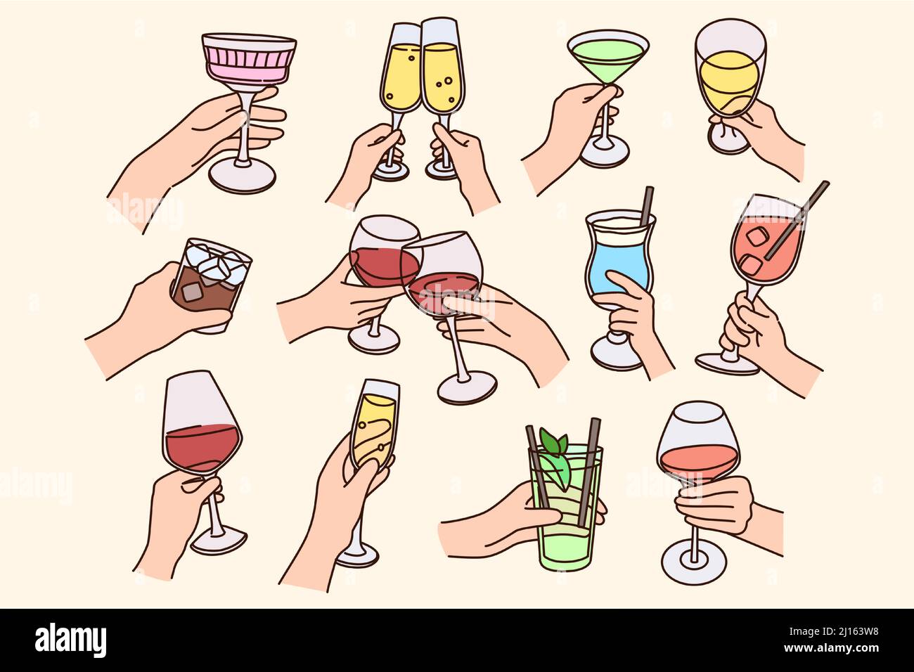 Set of people with clink glasses drink cocktails celebrate party