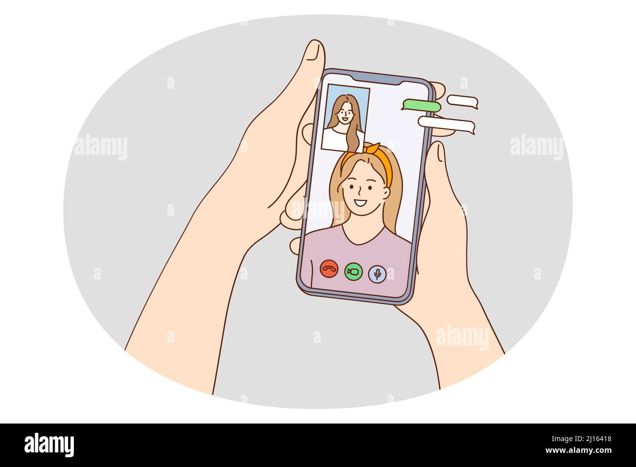 Girl hold smartphone in hands talk on video call with friend on gadget. Smiling woman have webcam virtual event or conference on cellphone. Technology, communication. Vector illustration.  Stock Vector