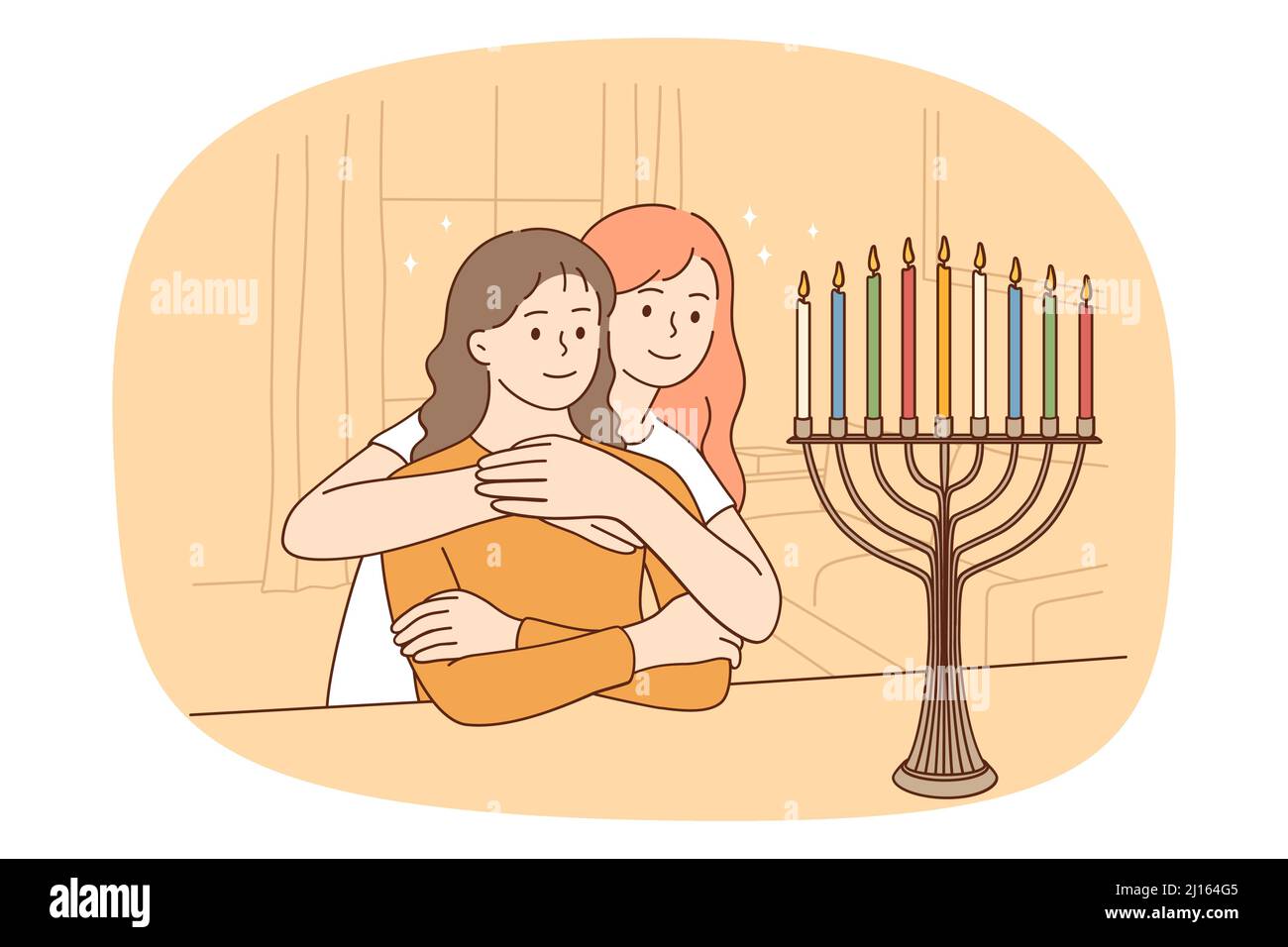 Loving mother hug teen daughter celebrate Hanukkah light menorah together. Caring mom embrace small girl child enlighten candle for Shabbat. Jewish family tradition. Vector illustration.  Stock Vector