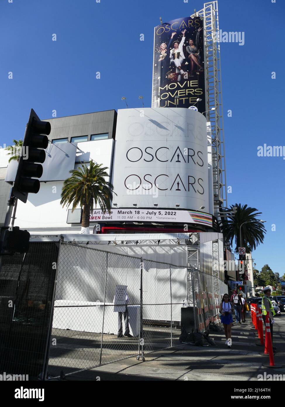 Los Angeles, USA. 23rd Mar, 2022. A large advertisement for the Academy Awards hangs on the cordoned-off Dolby Theatre on Hollywood Boulevard. The 94th Academy Awards is scheduled to take place here on March 27. Credit: Barbara Munker/dpa/Alamy Live News Stock Photo