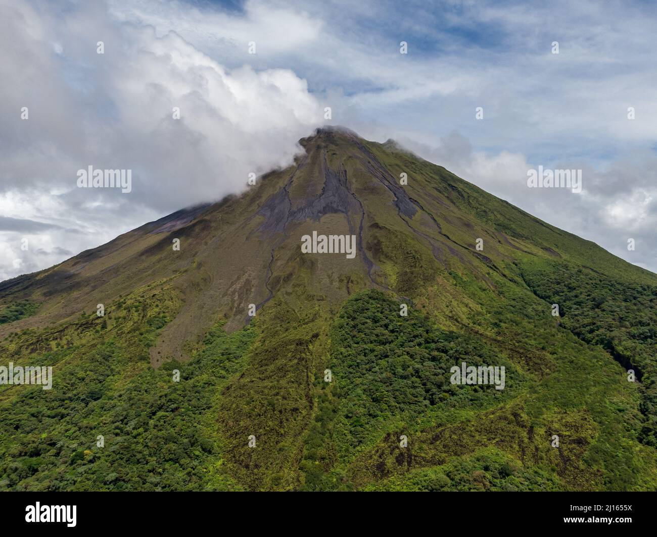 Beautiful cinematic aerial view of the Arenal Volcano in Costa Rica Stock Photo