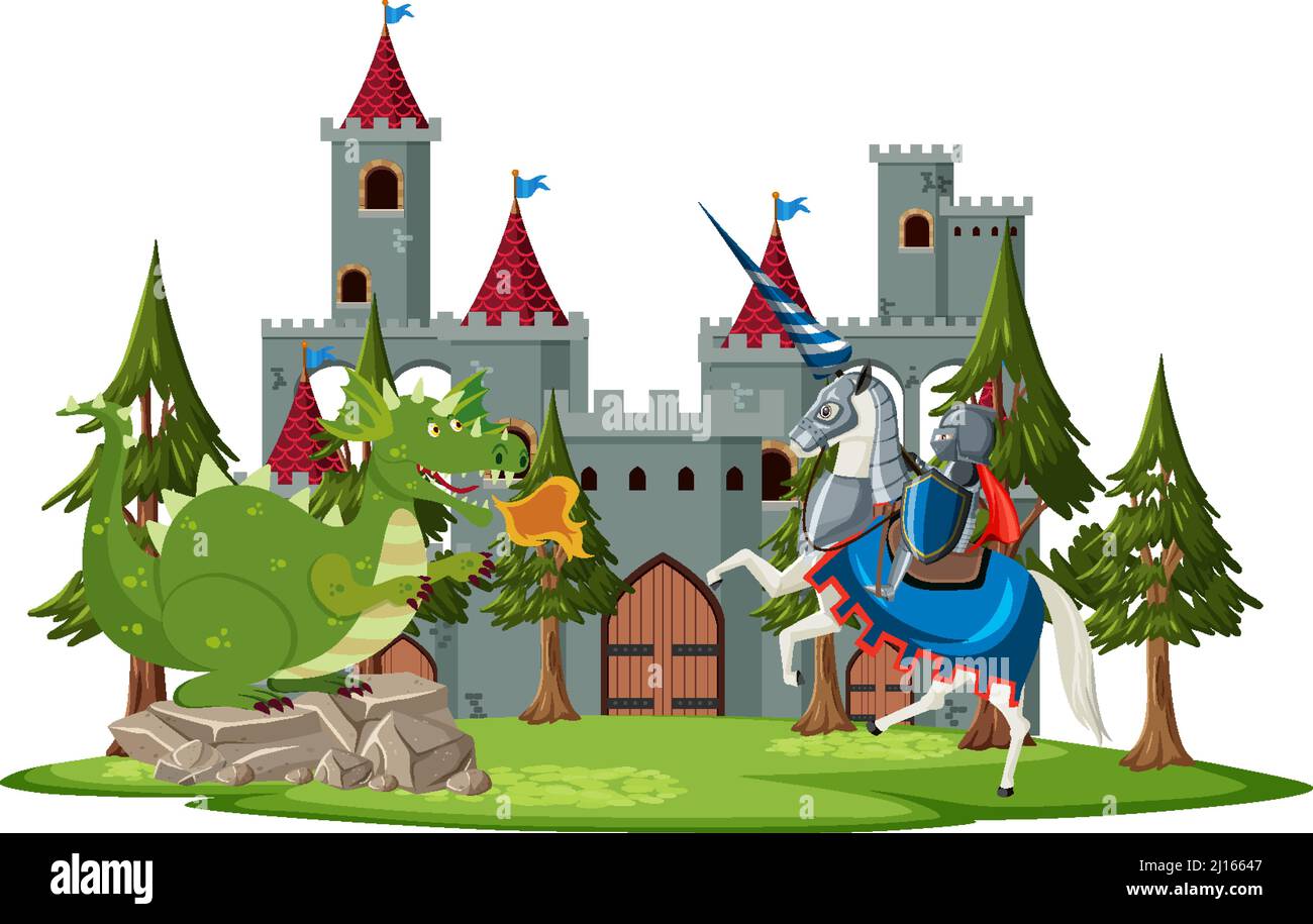 Scene with knight and dragon in fairytale land illustration Stock ...