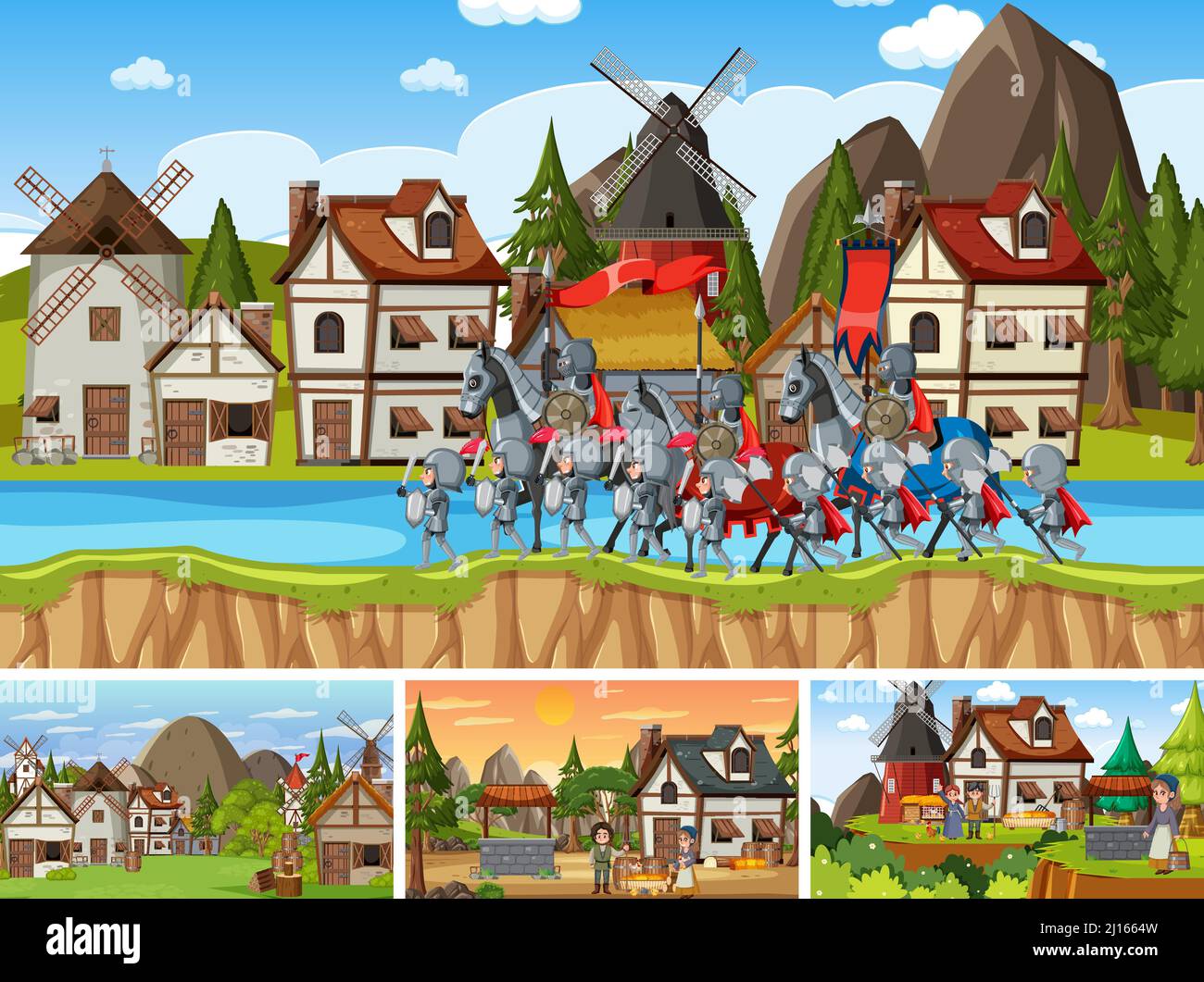 set-of-different-scene-medieval-illustration-stock-vector-image-art