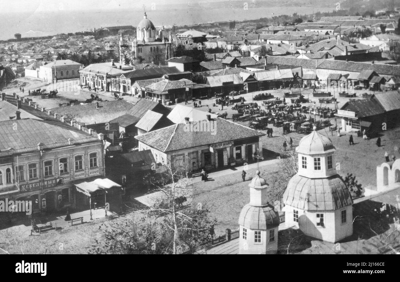Vintage black and white aerial photo (before 1917) of the city of Mariupol, Ukraine Stock Photo 