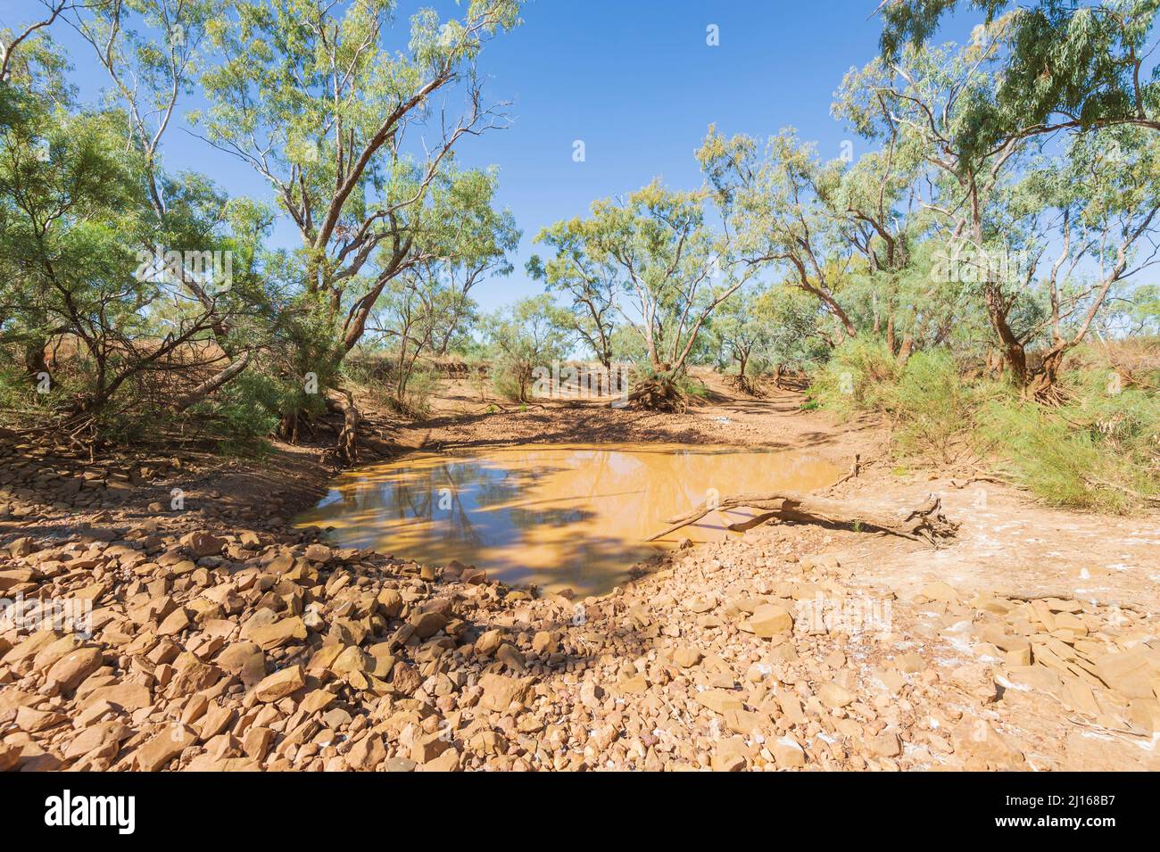 Stone Overshots built at Dagworth Station around 1890 to prevent precious waterholes from drying up, Central Queensland, QLD, Australia Stock Photo