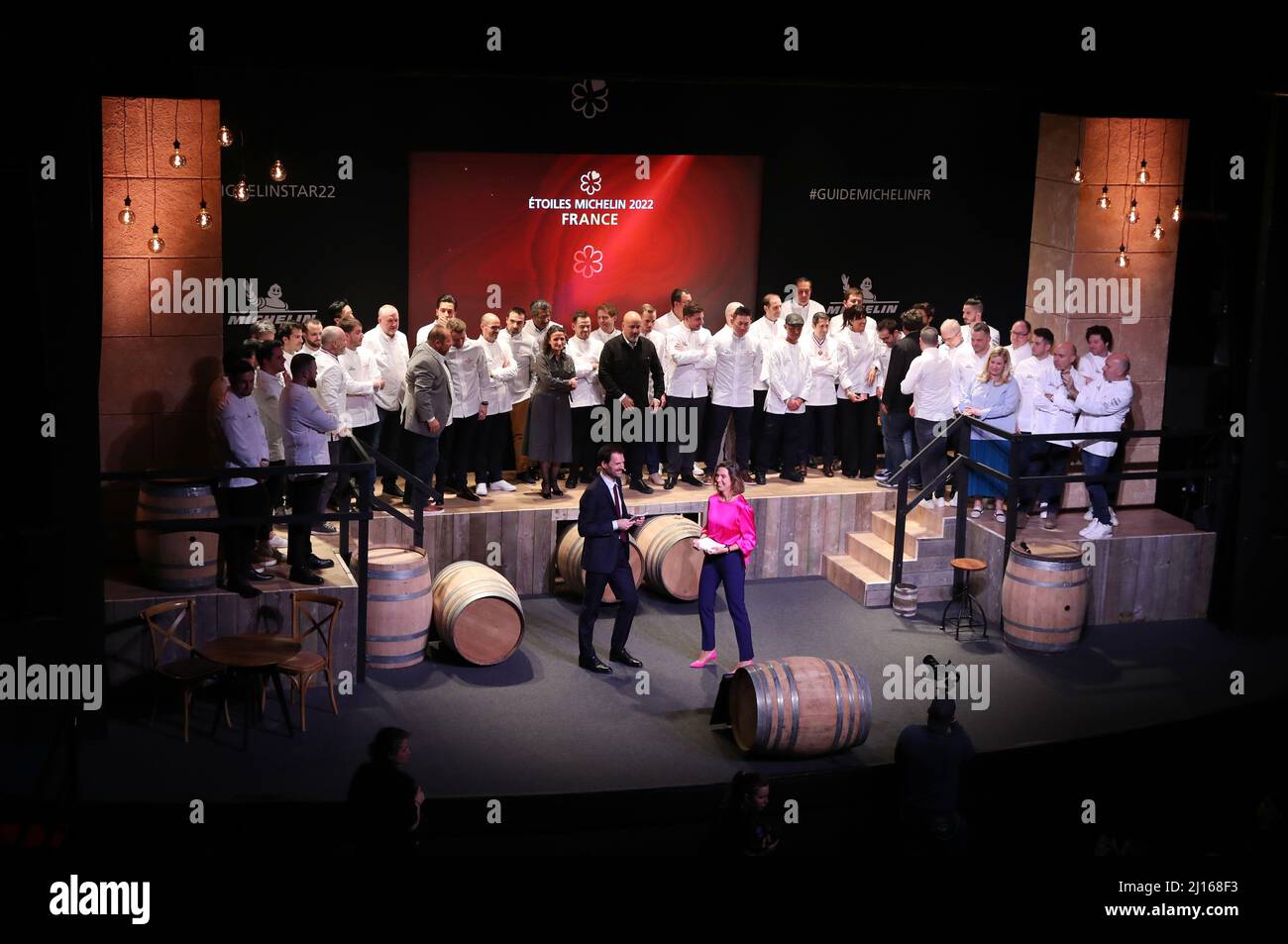 Cognac, France. 22nd Mar, 2022. Chefs celebrate after being awarded a first Michelin star during the 2022 edition of the Michelin Guide award ceremony in Cognac, France, March 22, 2022. The Michelin Guide launched its 2022 edition on Tuesday in Cognac, the first time in its 122 years the ceremony has taken place outside Paris. Two restaurants were awarded the highest distinction of three stars. Credit: Gao Jing/Xinhua/Alamy Live News Stock Photo