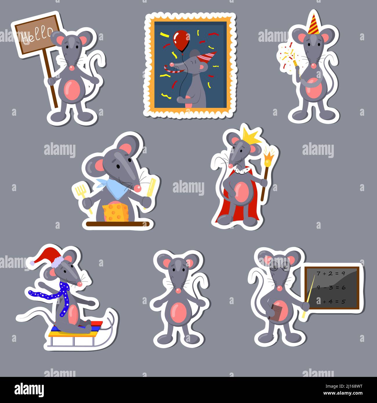 a set of cute cartoon rat stickers, vector isolated on a white