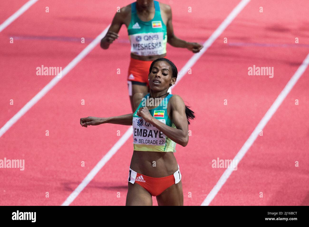 Belgrade, Serbia, 19th March 2022. Axumawit Embaye of Ethiopia competes during the World Athletics Indoor Championships Belgrade 2022 - Press Conference in Belgrade, Serbia. March 19, 2022. Credit: Nikola Krstic/Alamy Stock Photo