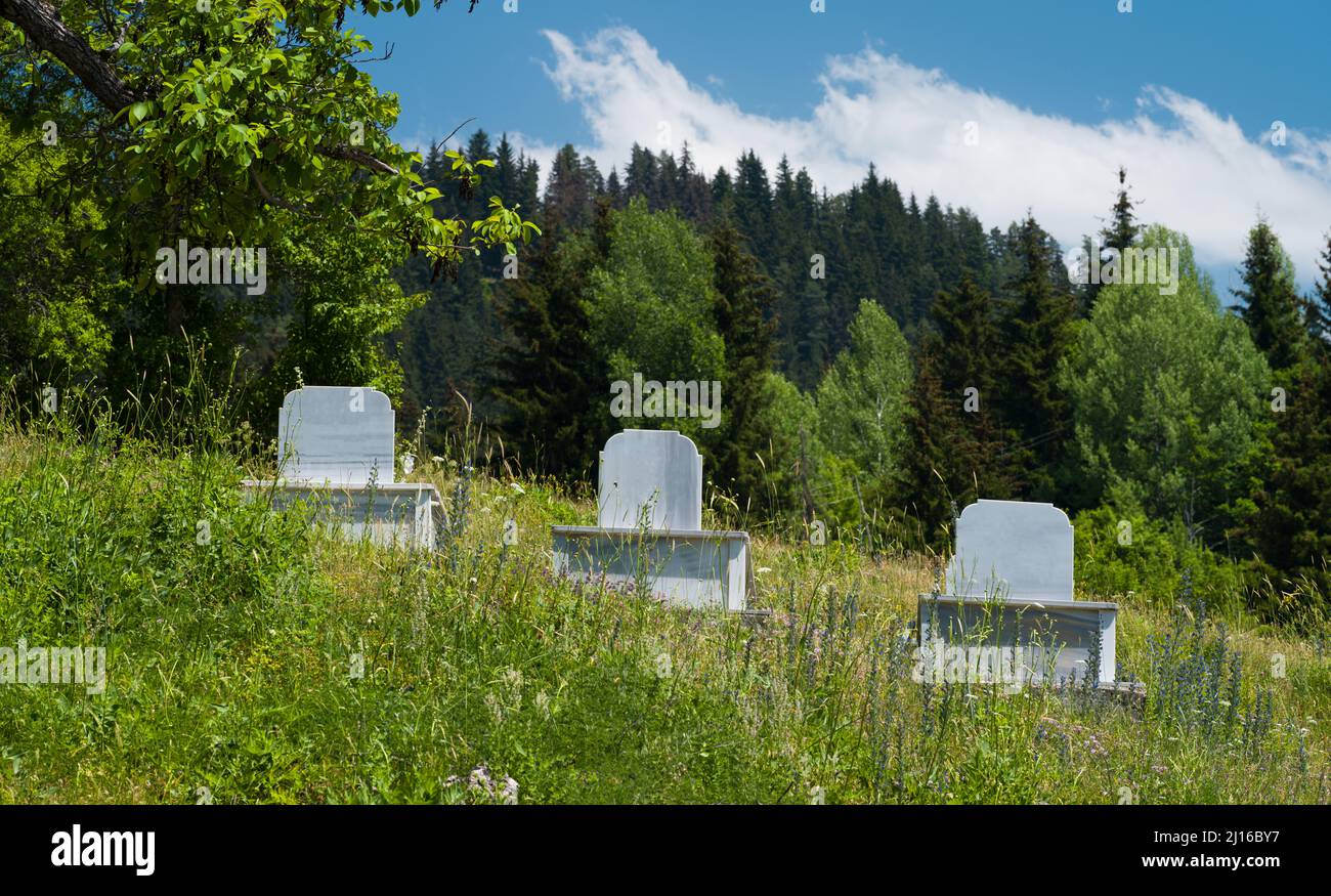 Islamic stone cemetery. Modern Turkish tomb structures. Marble tomb architecture in Turkey
