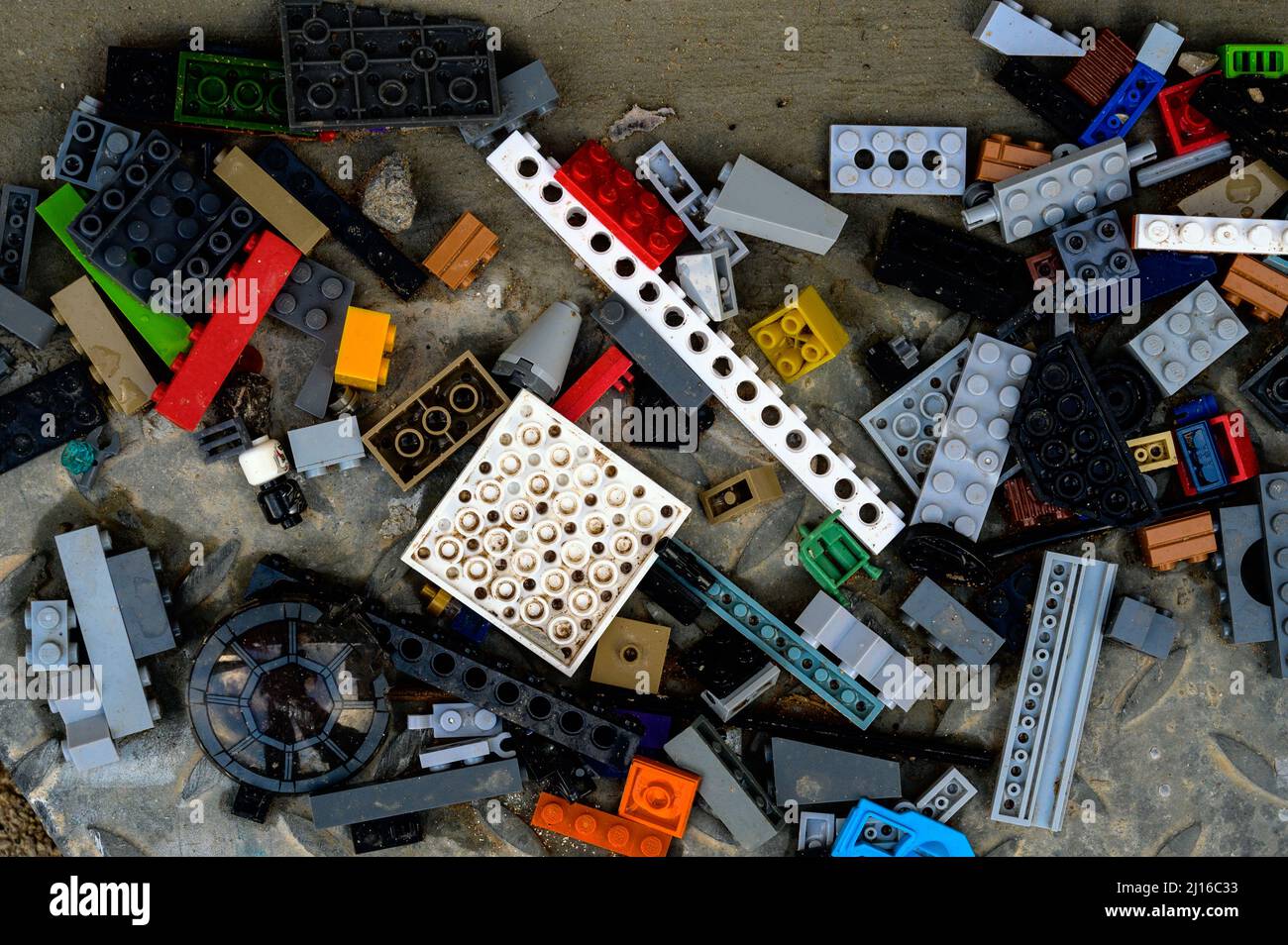 Multi-colored plastic construction set. Children's educational games. View from above. Stock Photo